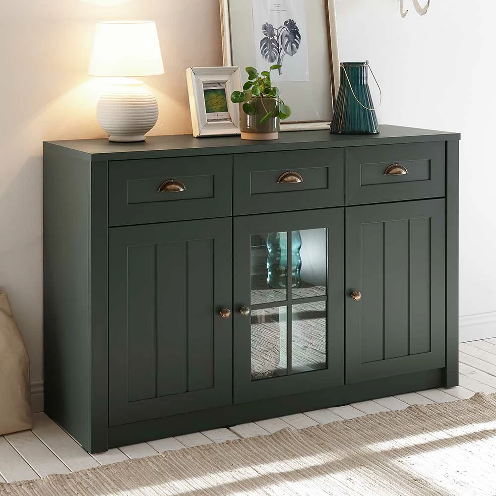 130cm Landhaus Sideboard in Dunkelgrün - Niestov 130cm Landhaus Sideboard In Dunkelgrün - Niestov -Landuva Shop 130cm landhaus sideboard in dunkelgruen mit glas einsatz niestov 01