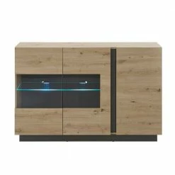 138cm Breite Kommode Mit Glaseinsatz - Lairian -Landuva Shop 138cm breite kommode mit glaseinsatz in wildeiche dekor dunkelgrau lairian 02