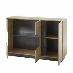138cm Breite Kommode Mit Glaseinsatz - Lairian -Landuva Shop 138cm breite kommode mit glaseinsatz in wildeiche dekor dunkelgrau lairian 03