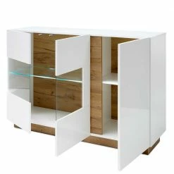 138x91x40 Kommode Mit Glas 3-türig - Myrda -Landuva Shop 138x91x40 kommode mit glas 3 tuerig in weiss dekor wildeiche myrda 03