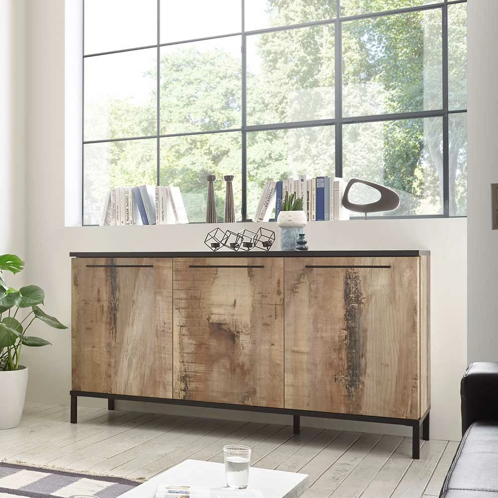 156x86x50 3-türige Kommode mit Metallgriffen - Andicu 156x86x50 3-türige Kommode Mit Metallgriffen - Andicu -Landuva Shop 156x86x50 3 tuerige kommode mit metallgriffen in holz verwittert schwarz andicu 01