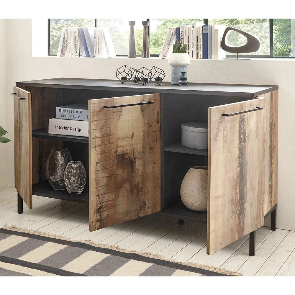 156x86x50 3-türige Kommode mit Metallgriffen - Andicu 156x86x50 3-türige Kommode Mit Metallgriffen - Andicu -Landuva Shop 156x86x50 3 tuerige kommode mit metallgriffen in holz verwittert schwarz andicu 02
