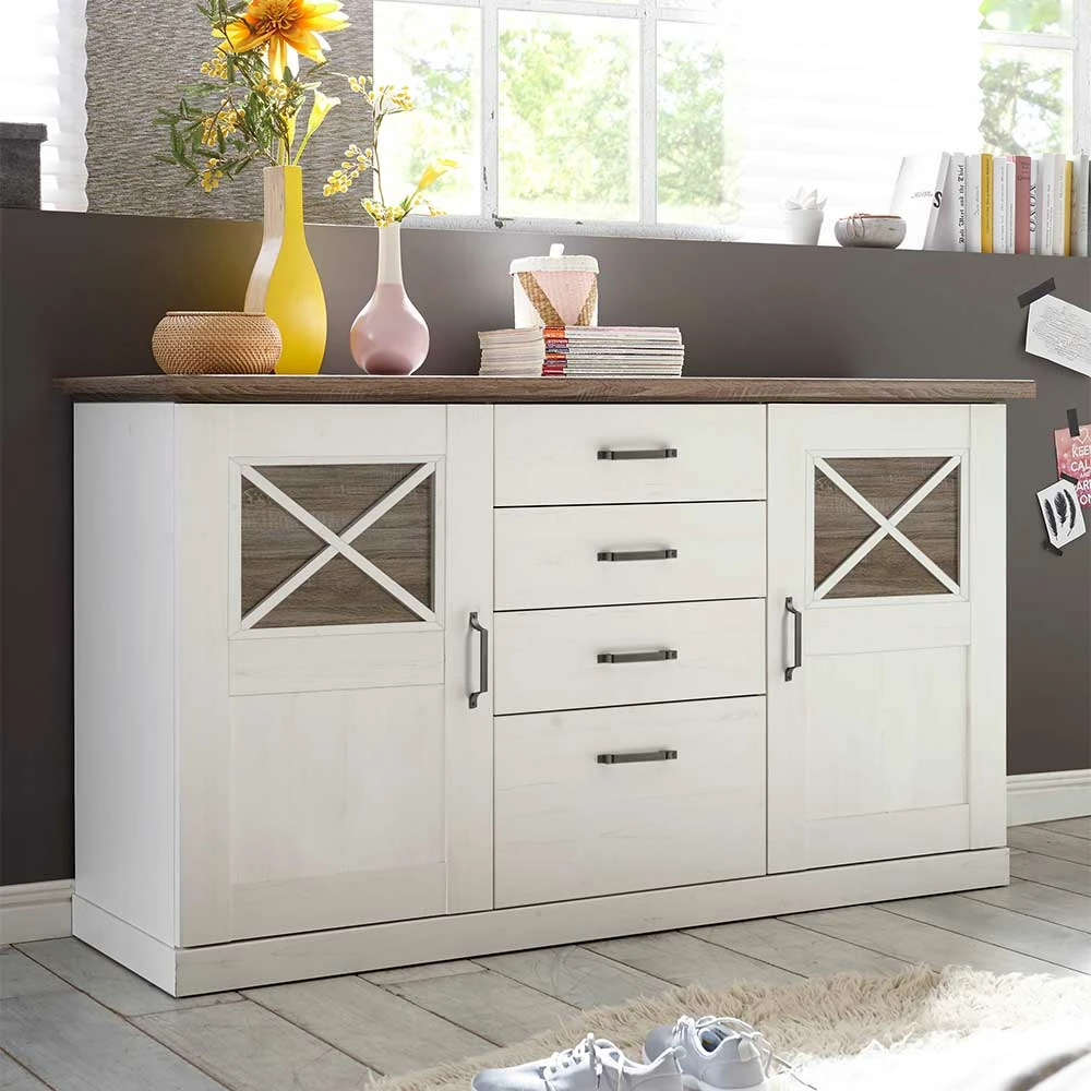 163x90x50 Landhaus Sideboard in Weiß & Pinie dunkel - Chesnur 163x90x50 Landhaus Sideboard In Weiß & Pinie Dunkel - Chesnur -Landuva Shop 163x90x50 landhaus sideboard in weiss pinie dunkel dekor mit sockelgestell chesnur 01