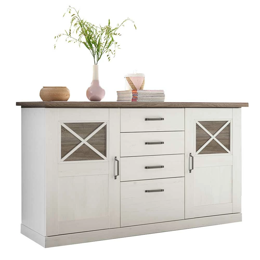 163x90x50 Landhaus Sideboard in Weiß & Pinie dunkel - Chesnur 163x90x50 Landhaus Sideboard In Weiß & Pinie Dunkel - Chesnur -Landuva Shop 163x90x50 landhaus sideboard in weiss pinie dunkel dekor mit sockelgestell chesnur f