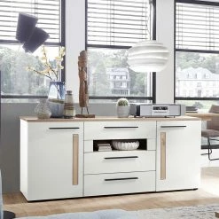 180x81x44 Sideboard In Weiß & Wildeiche Dekor - Cicek -Landuva Shop 180x81x44 sideboard in weiss wildeiche dekor 2 tuerig 3 schubladen fach cicek 01