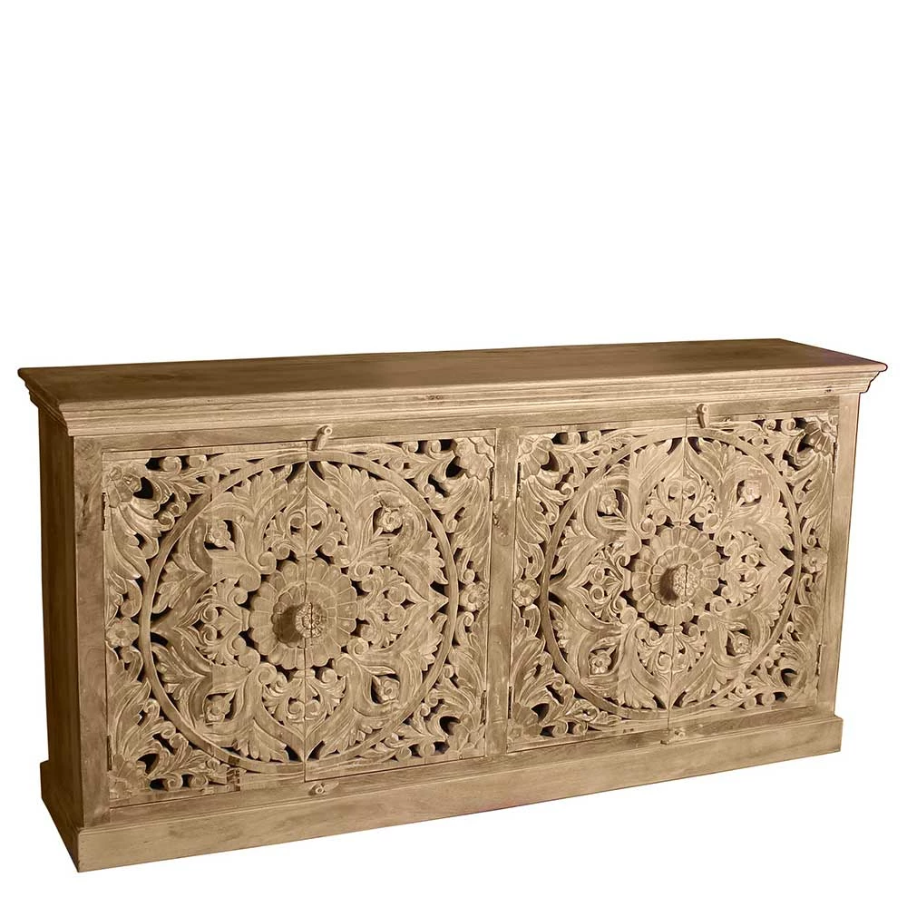 180x90x45 4-türiges Sideboard im Ethno Stil - Runiasa 180x90x45 4-türiges Sideboard Im Ethno Stil - Runiasa -Landuva Shop 180x90x45 4 tueriges sideboard im ethno stil aus white wash holz mit schnitzerei runiasa 01