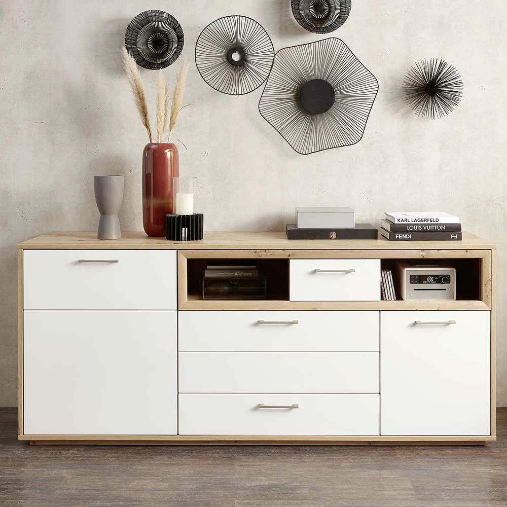 185x80x48 Sideboard mit Klappe & Schubladen - Vindrosca 185x80x48 Sideboard Mit Klappe & Schubladen - Vindrosca -Landuva Shop 185x80x48 sideboard mit klappe schubladen tueren faechern in weiss wildeiche vindrosca 01