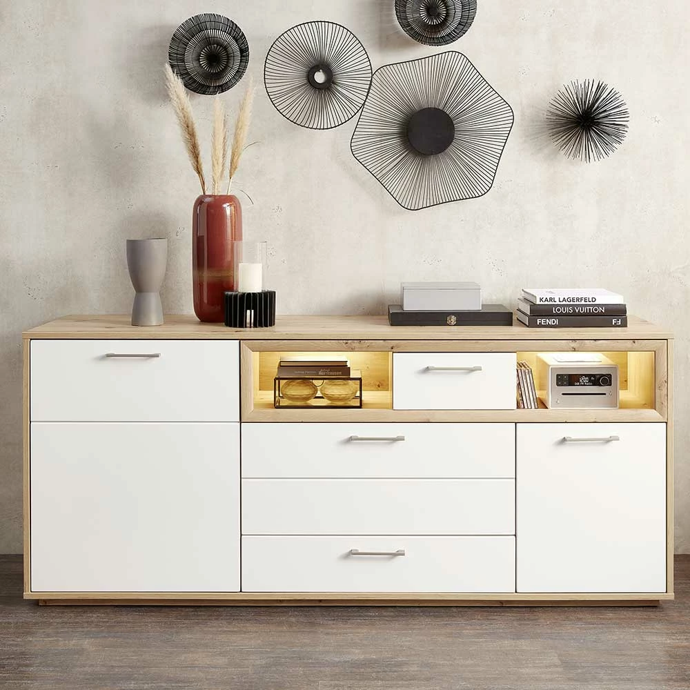 185x80x48 Sideboard mit Klappe & Schubladen - Vindrosca 185x80x48 Sideboard Mit Klappe & Schubladen - Vindrosca -Landuva Shop 185x80x48 sideboard mit klappe schubladen tueren faechern in weiss wildeiche vindrosca 02