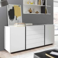 192cm Breite Wohnzimmer Kommode In Weiß - Laucata -Landuva Shop 192cm breite wohnzimmer kommode in weiss mit schwarz laucata 01