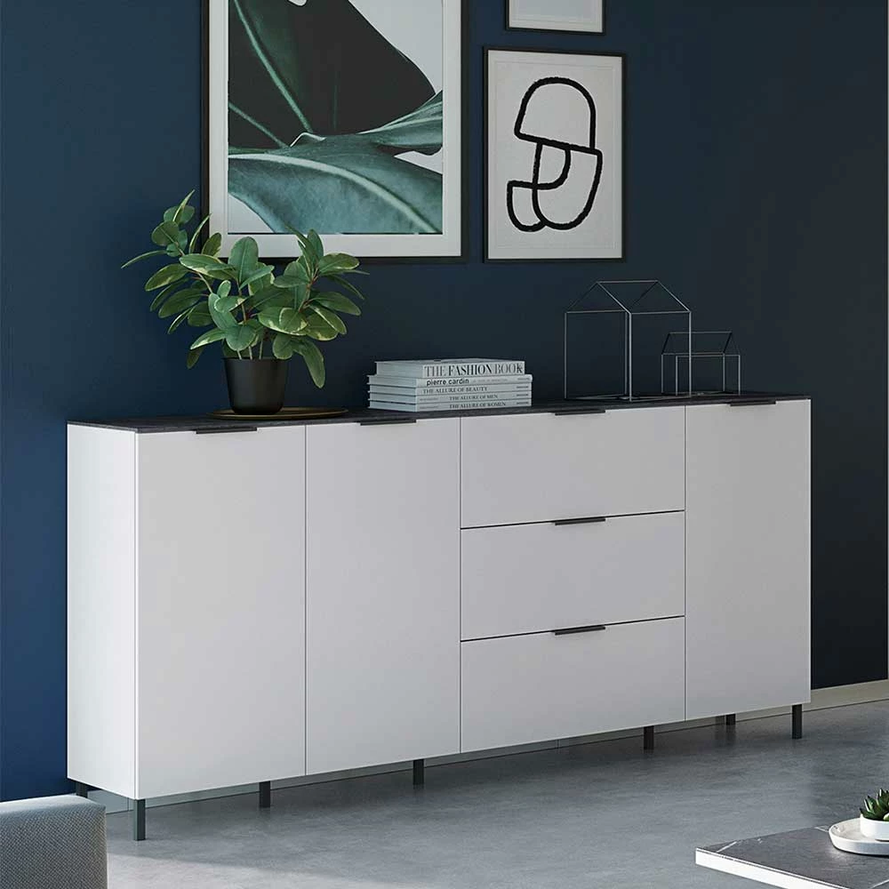 192x98x40 Große Anrichte in Weiß & Marmor - Mydenza 192x98x40 Große Anrichte In Weiß & Marmor - Mydenza -Landuva Shop 192x98x40 grosse anrichte in weiss marmor mit 3 tueren 3 schubladen mydenza 01