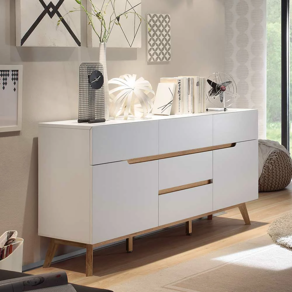 2-türige Retro Kommode mit 5 Schubladen Flacon in Weiß 2-türige Retro Kommode Mit 5 Schubladen Flacon In Weiß -Landuva Shop 2 tuerige retro kommode mit 5 schubladen in weiss eiche flacon 01