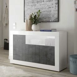 3-türige Kommode In Hochglanz Weiß & Grau - Voskala 3 3-türige Kommode In Hochglanz Weiß & Grau - Voskala -Landuva Shop 3 tuerige kommode in hochglanz weiss grau mit offenem fach voskala 01