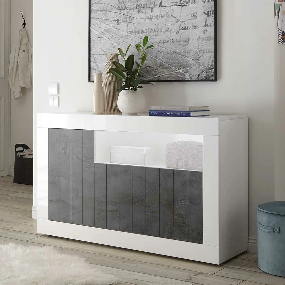 3-türige Kommode in Hochglanz Weiß & Grau - Voskala 3-türige Kommode In Hochglanz Weiß & Grau - Voskala -Landuva Shop 3 tuerige kommode in hochglanz weiss grau mit offenem fach voskala 01