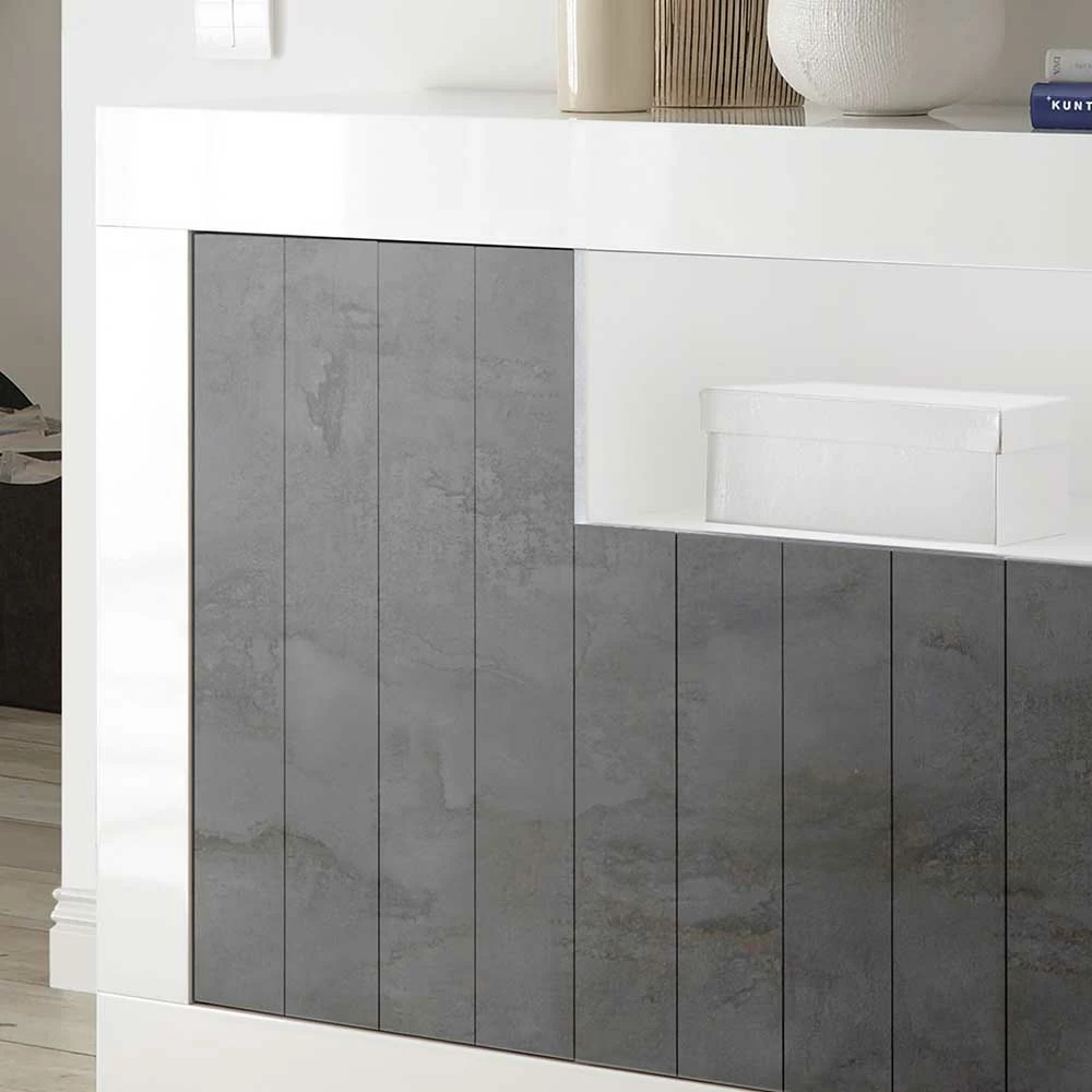 3-türige Kommode in Hochglanz Weiß & Grau - Voskala 3-türige Kommode In Hochglanz Weiß & Grau - Voskala -Landuva Shop 3 tuerige kommode in hochglanz weiss grau mit offenem fach voskala 02