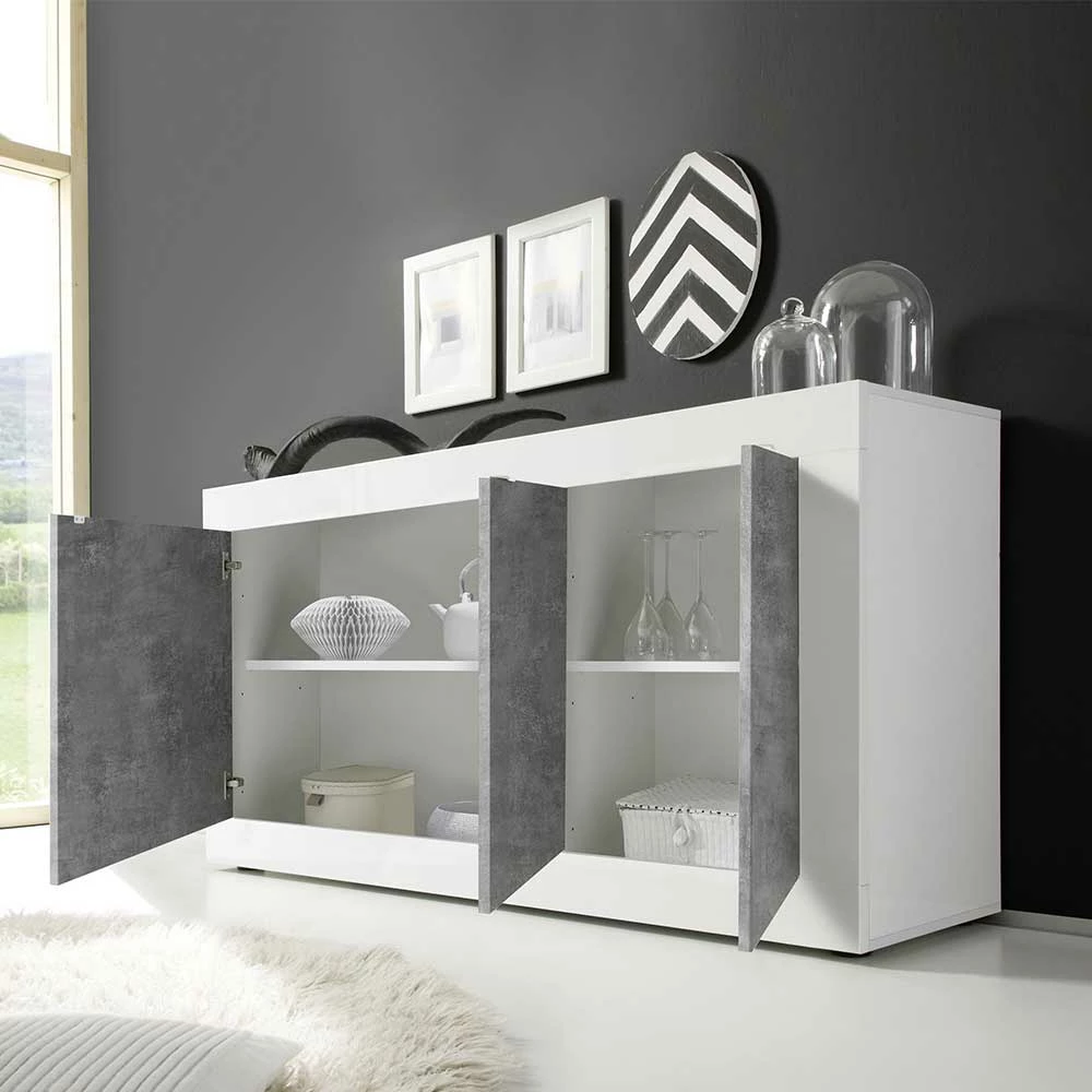 3-türiges Design-Sideboard in Beton Dekor - Narandu 3-türiges Design-Sideboard In Beton Dekor - Narandu -Landuva Shop 3 tueriges design sideboard in beton dekor hochglanz weiss narandu 02