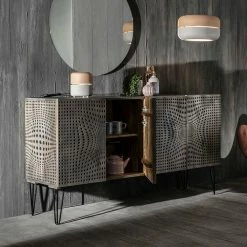 3-türiges Design Sideboard In Mangobaum Grey Wash - Escoba -Landuva Shop 3 tueriges design sideboard in mangobaum grey wash mit hairpin legs in schwarz escoba 02