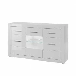 3-türiges Sideboard In Hochglanz Weiß & Glas Yulis Mit 2 Schubladen