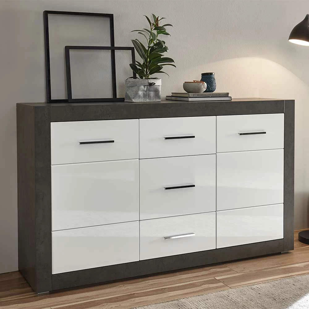 97cm hohes Hochglanz Sideboard in Weiß - Istensa 97cm Hohes Hochglanz Sideboard In Weiß - Istensa -Landuva Shop 97cm hohes hochglanz sideboard in weiss beton grau istensa 01
