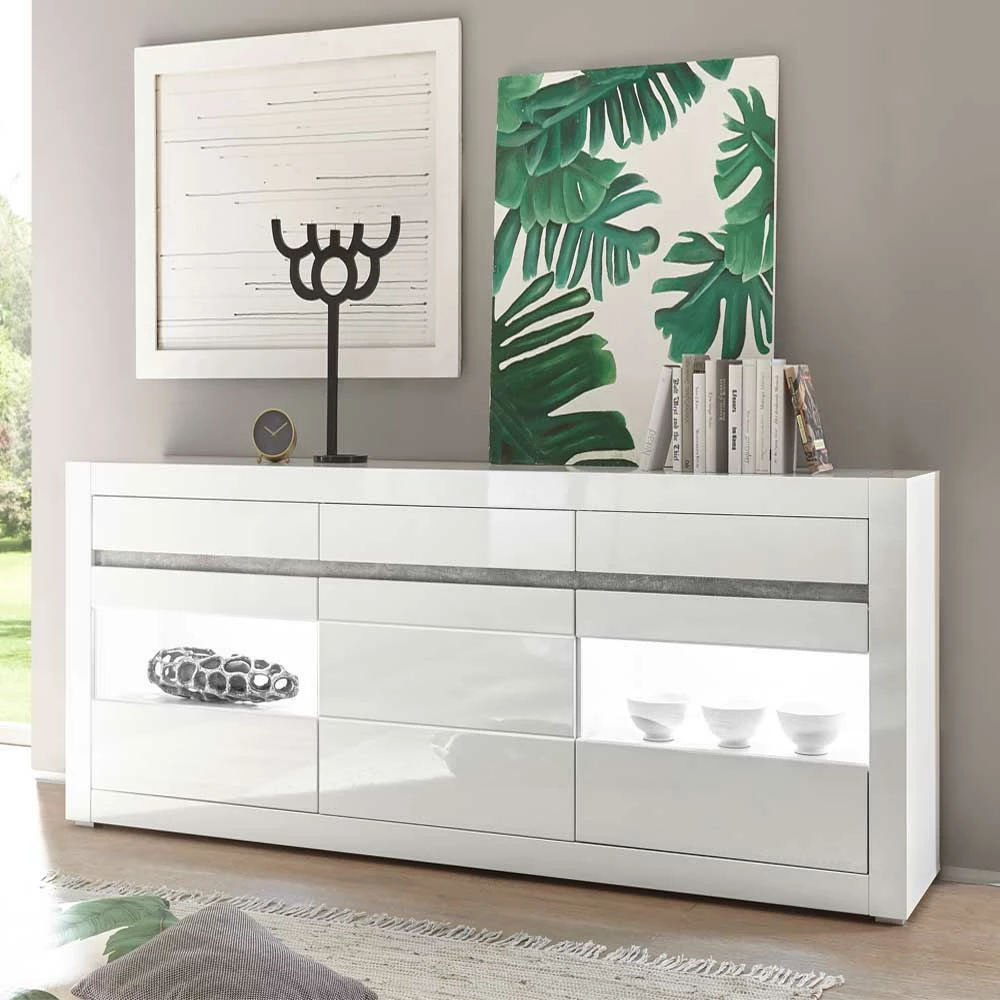 Hochglanz Sideboard in Weiß mit 2 Glaseinsätzen Mextra & Beton Dekor Hochglanz Sideboard In Weiß Mit 2 Glaseinsätzen Mextra & Beton Dekor -Landuva Shop hochglanz sideboard in weiss mit 2 glaseinsaetzen beton dekor 3 tuerig