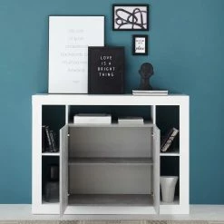 Kommode In Beton Dekor & Weiß Hochglanz - Harrisons -Landuva Shop kommode in beton dekor weiss hochglanz mit viel stauraum harrisons 02