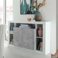 Kommode In Beton Dekor & Weiß Hochglanz - Harrisons -Landuva Shop kommode in beton dekor weiss hochglanz mit viel stauraum harrisons 05