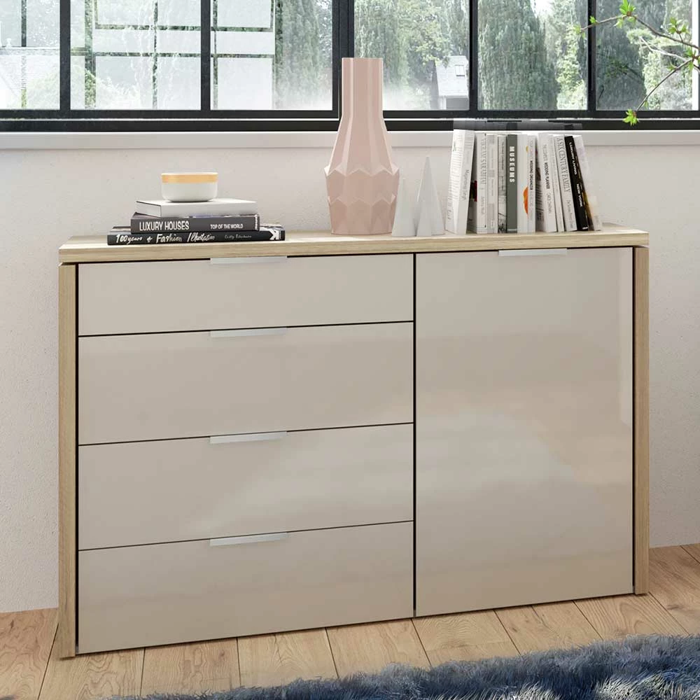 Kommode in Taupe & Eiche Dekor - Avrila Kommode In Taupe & Eiche Dekor - Avrila -Landuva Shop kommode in taupe eiche dekor mit vier schubladen tuer avrila 01