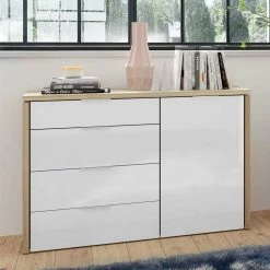 Kommode In Weiß HG & Eiche NB - Pyrko 3 Kommode In Weiß HG & Eiche NB - Pyrko -Landuva Shop kommode in weiss hg eiche nb mit metallgriffen 120x88x43 pyrko 01