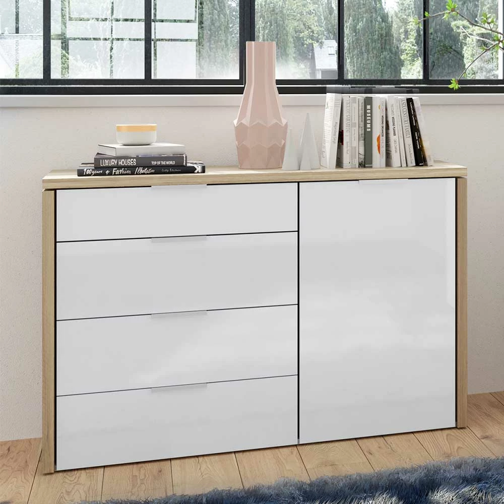 Kommode in Weiß HG & Eiche NB - Pyrko Kommode In Weiß HG & Eiche NB - Pyrko -Landuva Shop kommode in weiss hg eiche nb mit metallgriffen 120x88x43 pyrko 01