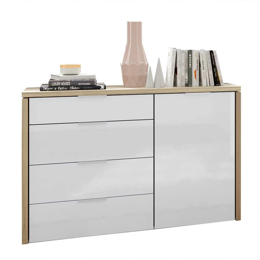 Kommode in Weiß HG & Eiche NB - Pyrko Kommode In Weiß HG & Eiche NB - Pyrko -Landuva Shop kommode in weiss hg eiche nb mit metallgriffen 120x88x43 pyrko f