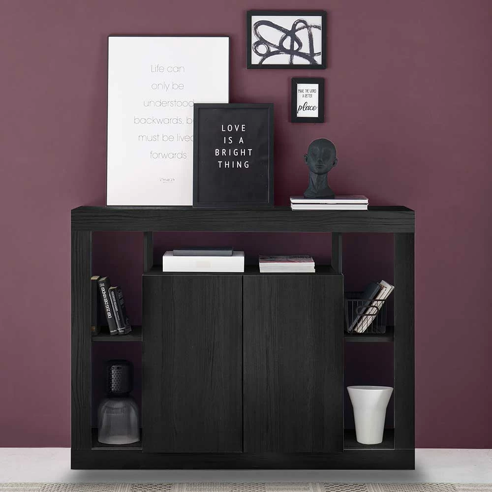 Moderne Kommode mit 2 Türen & 5 Fächern - Bihar Moderne Kommode Mit 2 Türen & 5 Fächern - Bihar -Landuva Shop moderne kommode mit 2 tueren 5 faechern in schwarz holzstruktur bihar 01