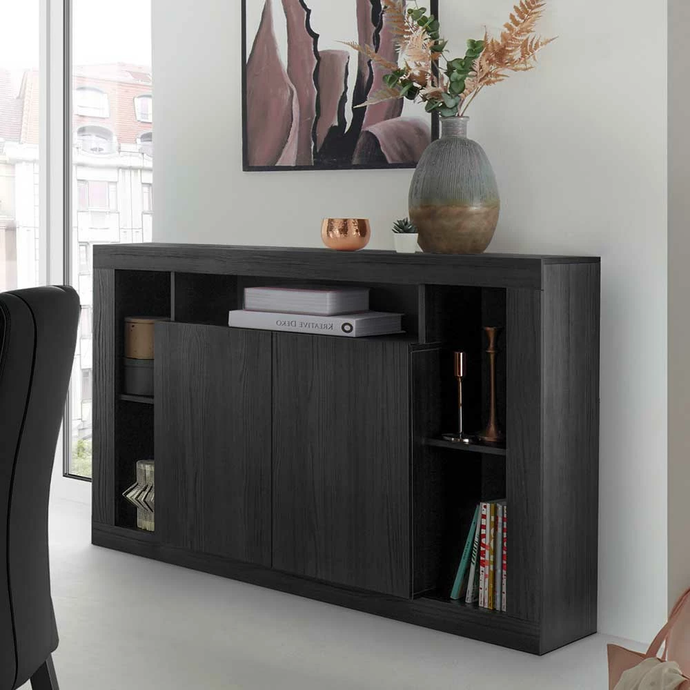 Moderne Kommode mit 2 Türen & 5 Fächern - Bihar Moderne Kommode Mit 2 Türen & 5 Fächern - Bihar -Landuva Shop moderne kommode mit 2 tueren 5 faechern in schwarz holzstruktur bihar 05