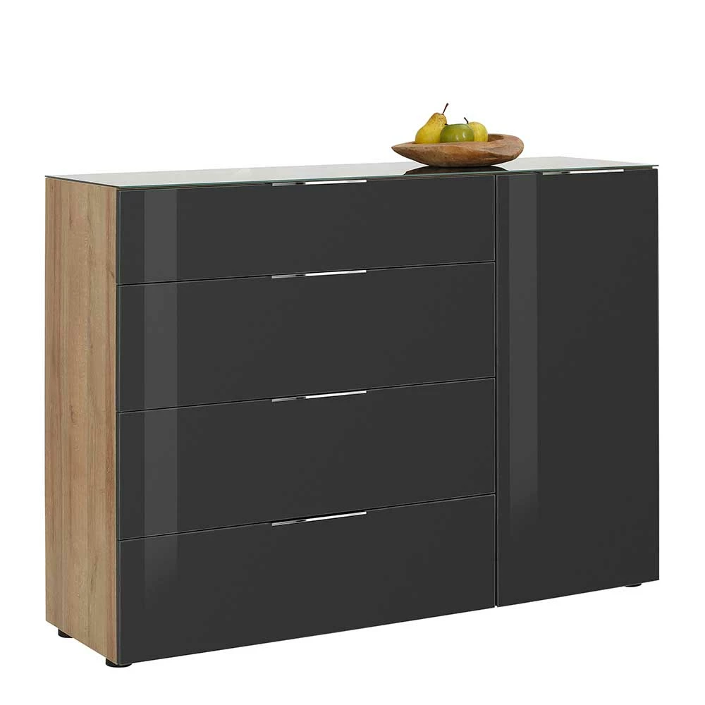Moderne Kommode mit 4 Schubladen & Tür - Scremma Moderne Kommode Mit 4 Schubladen & Tür - Scremma -Landuva Shop moderne kommode mit 4 schubladen tuer in anthrazit glas eiche dekor scremma 01