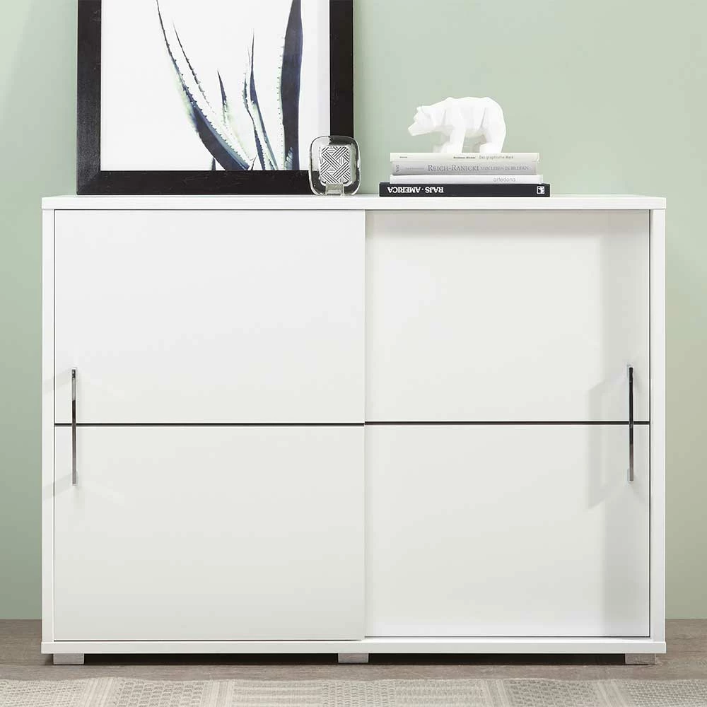 Moderne Schiebetüren-Kommode in Weiß - Vilfian Moderne Schiebetüren-Kommode In Weiß - Vilfian -Landuva Shop moderne schiebetueren kommode in weiss mit anthrazit 120x90x45 vilfian 01