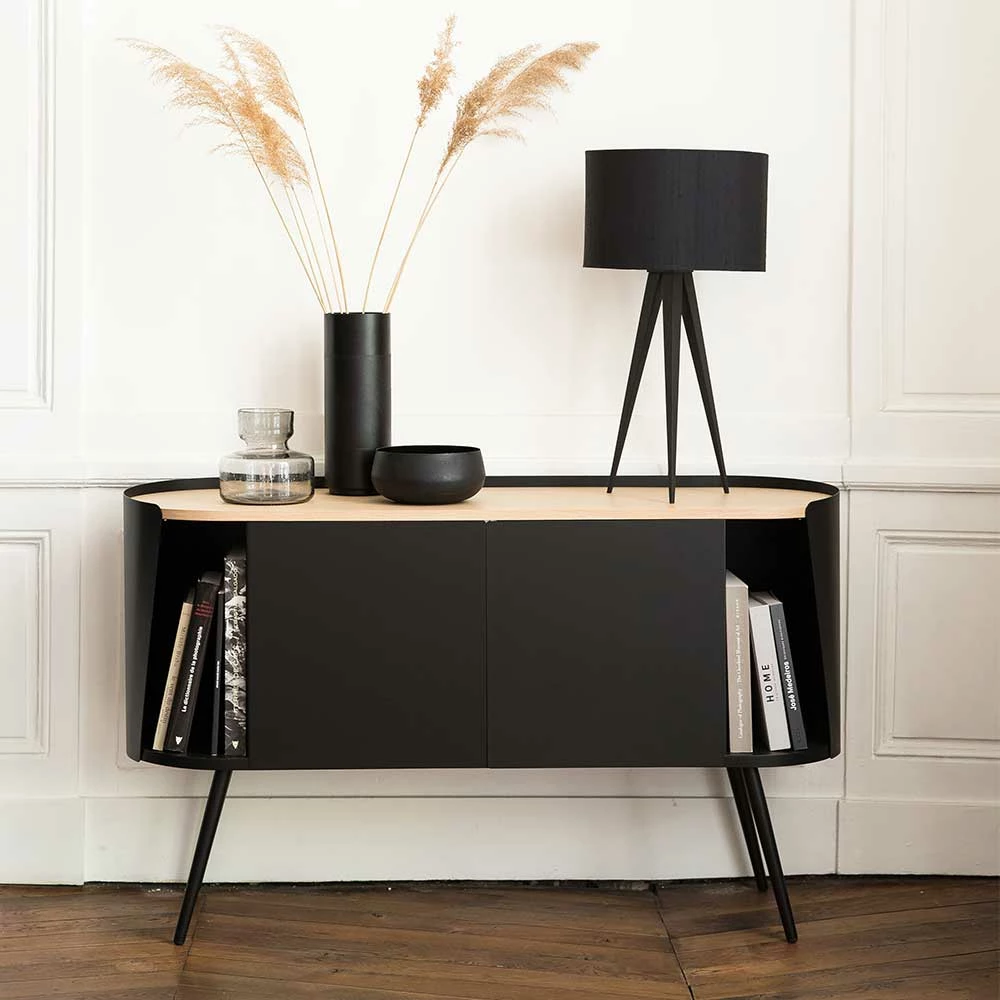 Ovales Design-Sideboard in Schwarz - Ezaja Ovales Design-Sideboard In Schwarz - Ezaja -Landuva Shop ovales design sideboard in schwarz mit eiche 2 tuerig 134x80x36 ezaja 01