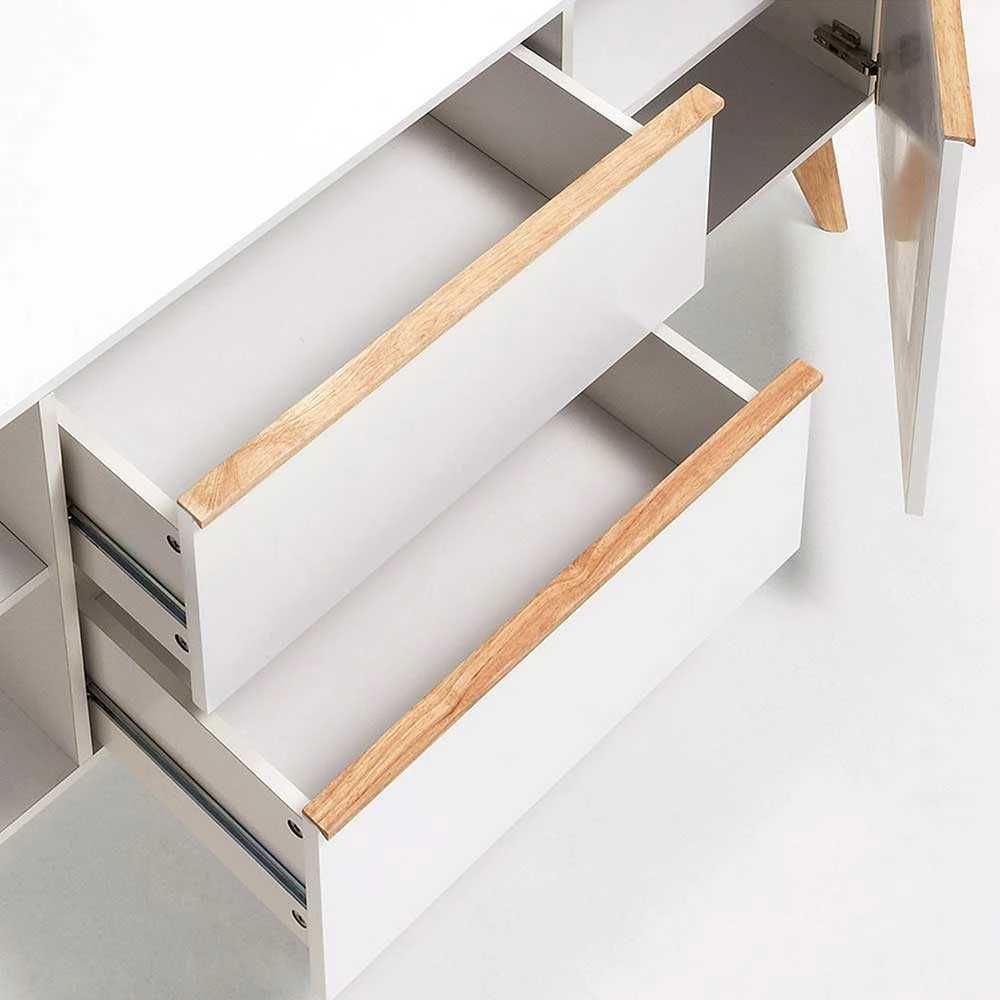 Retro Sideboard Belice in Weiß und Eiche massiv Retro Sideboard Belice In Weiß Und Eiche Massiv -Landuva Shop retro sideboard weiss und eiche massiv 2 tuerig und zwei schubladen 160cm breit belice 03