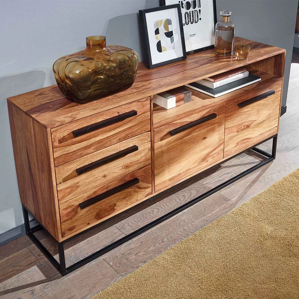 Sheesham Sideboard mit Fach & 2 Türen & 3 Schubladen - Placer Sheesham Sideboard Mit Fach & 2 Türen & 3 Schubladen - Placer -Landuva Shop sheesham sideboard mit fach 2 tueren 3 schubladen buegelgestell placer 02