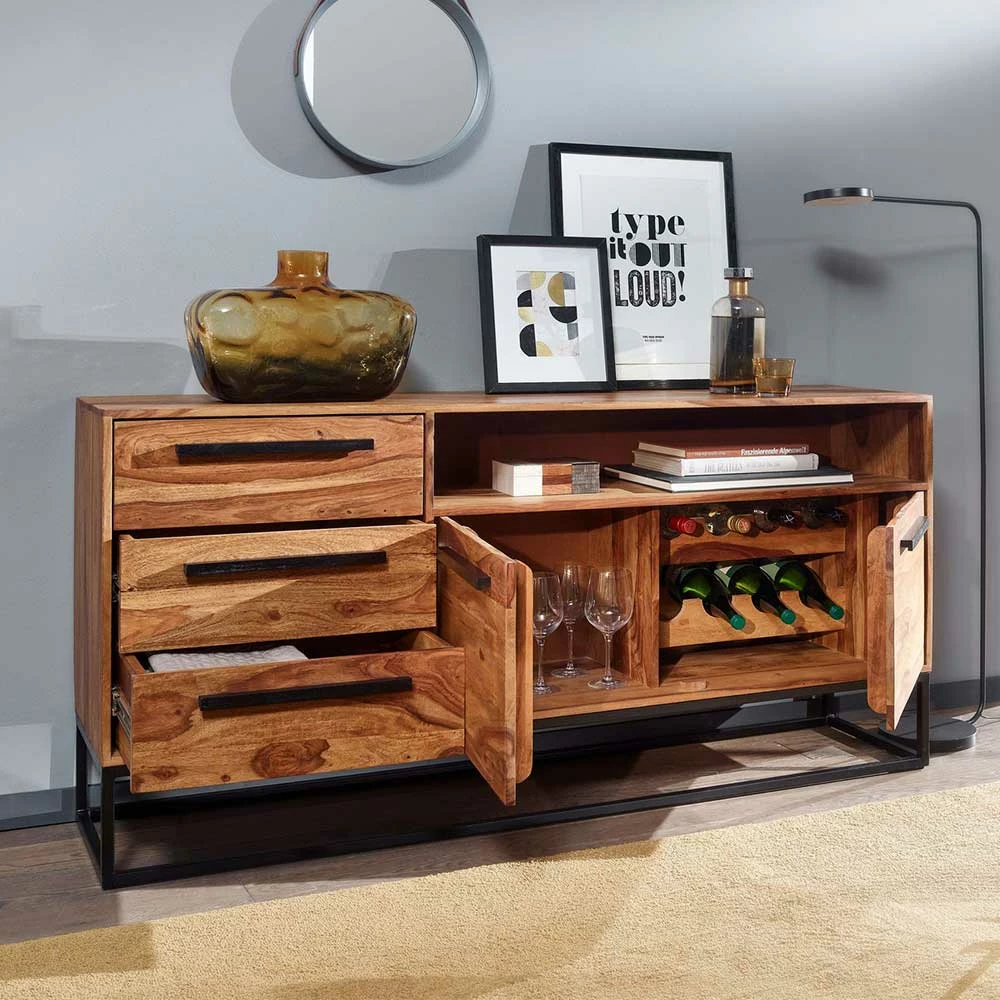 Sheesham Sideboard mit Fach & 2 Türen & 3 Schubladen - Placer Sheesham Sideboard Mit Fach & 2 Türen & 3 Schubladen - Placer -Landuva Shop sheesham sideboard mit fach 2 tueren 3 schubladen buegelgestell placer 03