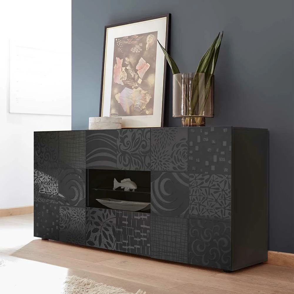 Sideboard in Anthrazit glänzend lackiert - Ipatal I Sideboard In Anthrazit Glänzend Lackiert - Ipatal I -Landuva Shop sideboard in anthrazit glaenzend lackiert mit mustern bedruckt ipatal i 01