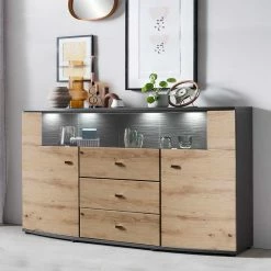 Sideboard In Wildeiche & Anthrazit Mit Glas - Lyneka -Landuva Shop sideboard in wildeiche anthrazit mit glas 87 cm hoch lyneka 02