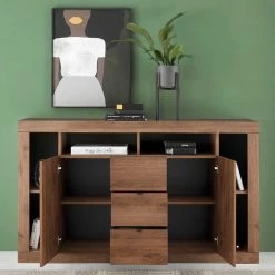 Sideboard Mit Drei Schubladen & Sechs Fächern - Cosmonata -Landuva Shop sideboard mit drei schubladen sechs faechern zwei tueren holzoptik braun cosmonata 02