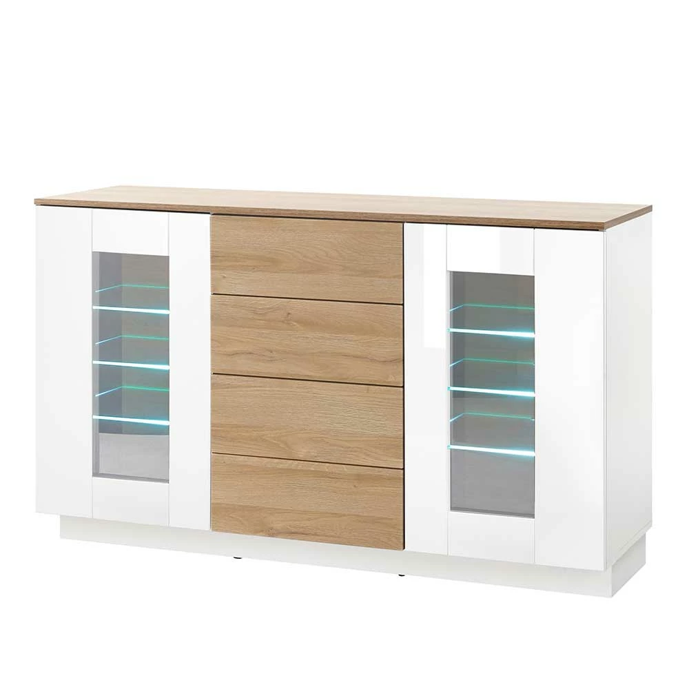 Sideboard mit Glastüren & vier Schubladen - Dailin Sideboard Mit Glastüren & Vier Schubladen - Dailin -Landuva Shop sideboard mit glastueren vier schubladen in weiss hg wildeiche dekor dailin f