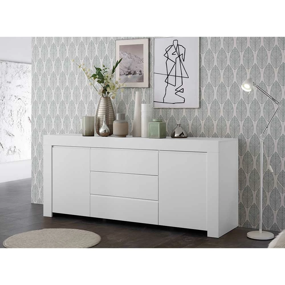 Weiß lackiertes Sideboard mit 184 cm Breite - Mikes I Weiß Lackiertes Sideboard Mit 184 Cm Breite - Mikes I -Landuva Shop weiss lackiertes sideboard mit 184 cm breite 2 tuerig 3 schubladen mikes i 01