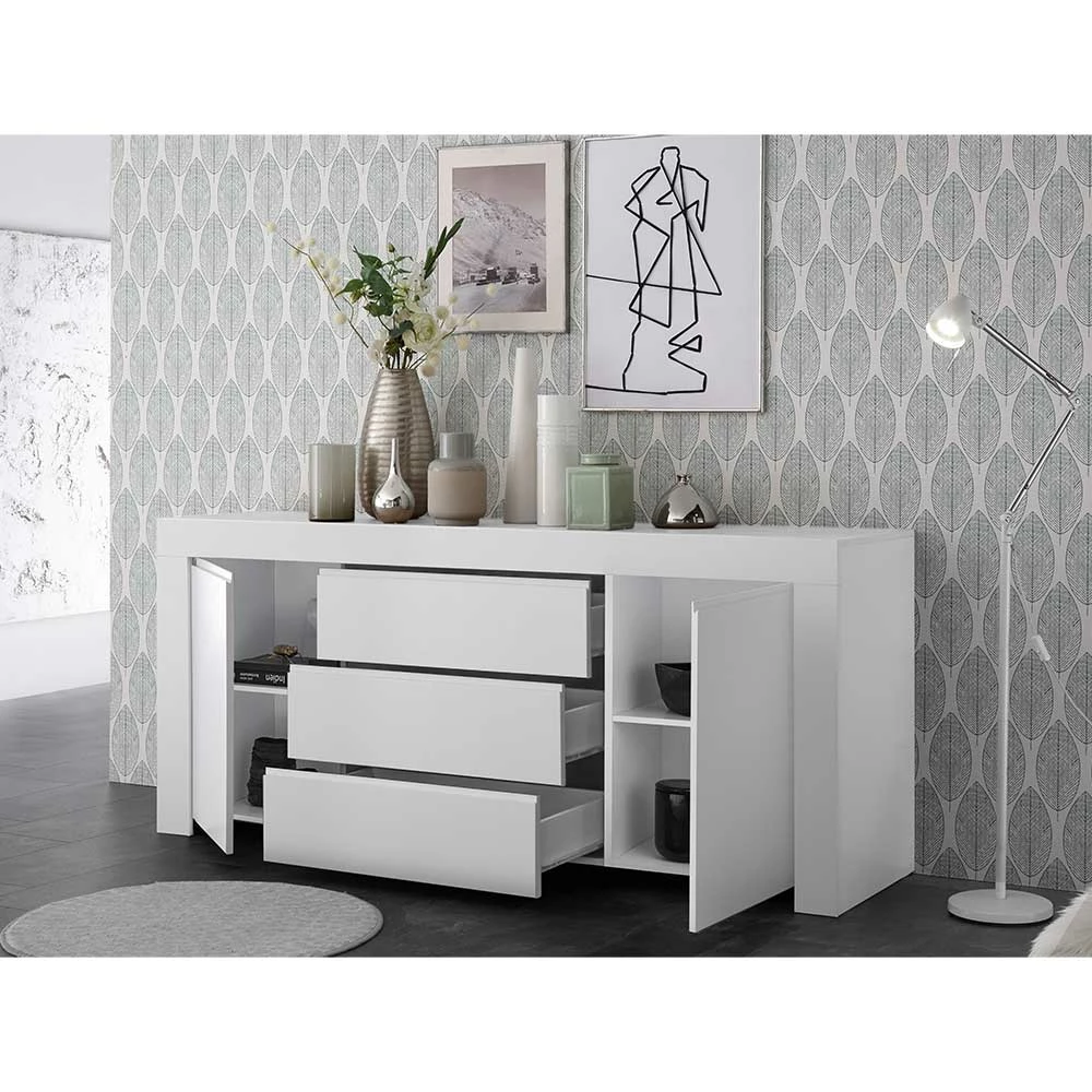Weiß lackiertes Sideboard mit 184 cm Breite - Mikes I Weiß Lackiertes Sideboard Mit 184 Cm Breite - Mikes I -Landuva Shop weiss lackiertes sideboard mit 184 cm breite 2 tuerig 3 schubladen mikes i 02