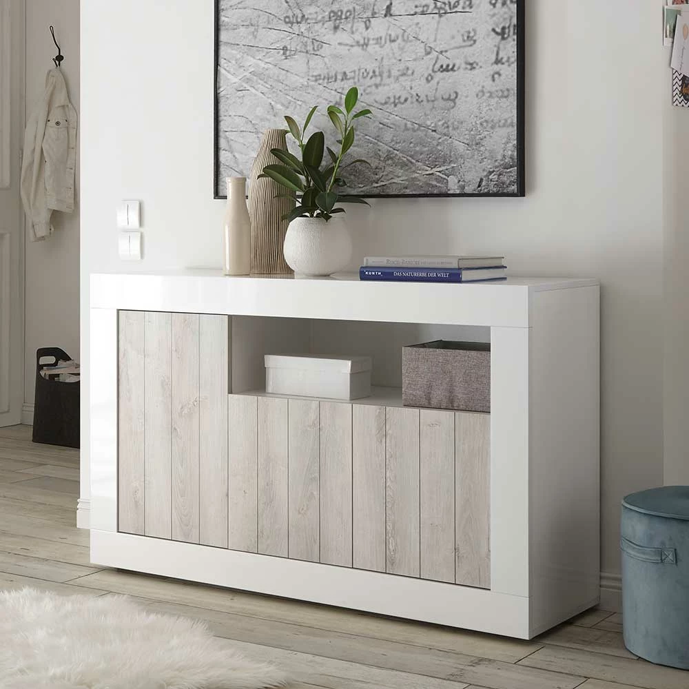 Weiße Türen Kommode mit Sockelgestell - Merenda Weiße Türen Kommode Mit Sockelgestell - Merenda -Landuva Shop weisse tueren kommode mit sockelgestell in hochglanz dekor pinie merenda 01