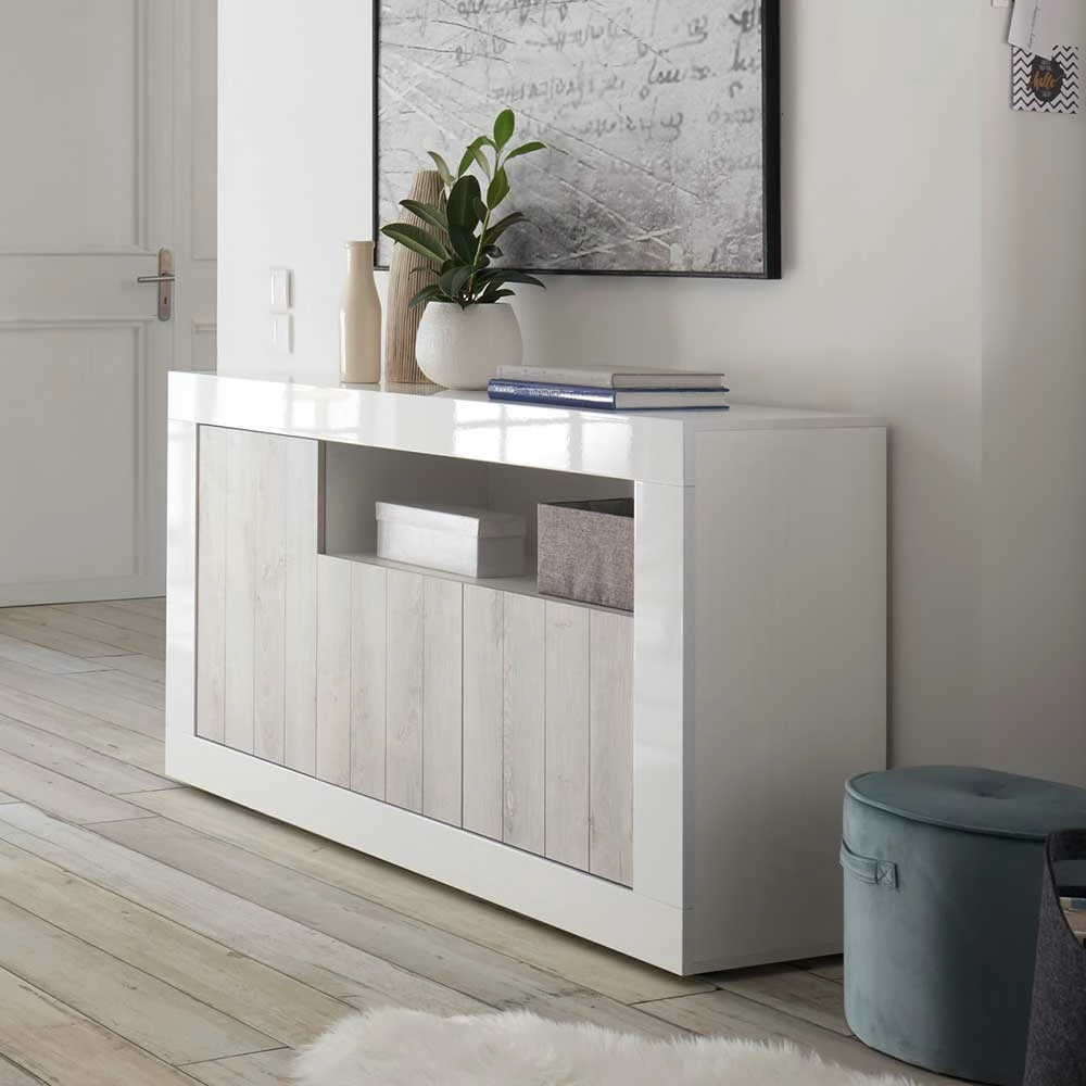 Weiße Türen Kommode mit Sockelgestell - Merenda Weiße Türen Kommode Mit Sockelgestell - Merenda -Landuva Shop weisse tueren kommode mit sockelgestell in hochglanz dekor pinie merenda 02