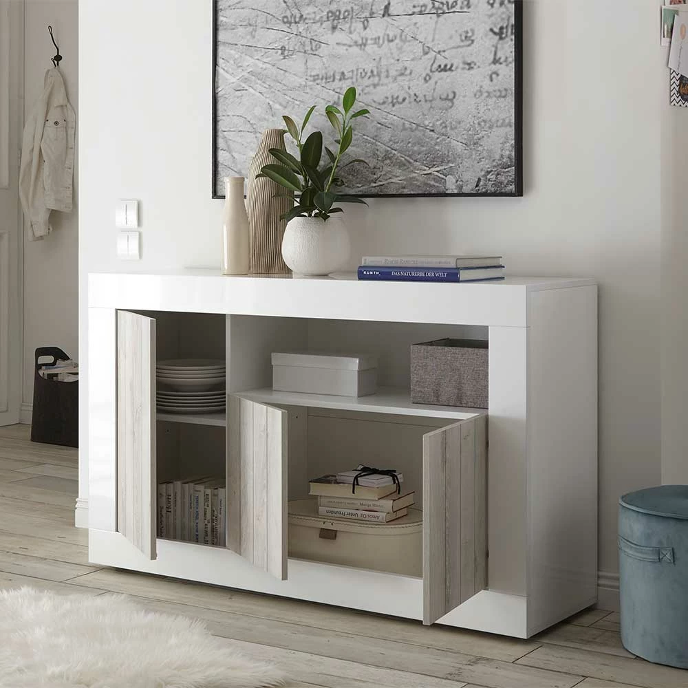 Weiße Türen Kommode mit Sockelgestell - Merenda Weiße Türen Kommode Mit Sockelgestell - Merenda -Landuva Shop weisse tueren kommode mit sockelgestell in hochglanz dekor pinie merenda 03