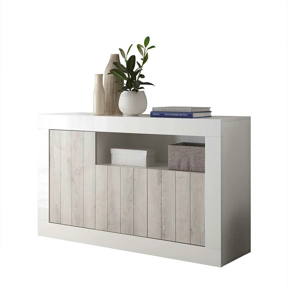 Weiße Türen Kommode mit Sockelgestell - Merenda Weiße Türen Kommode Mit Sockelgestell - Merenda -Landuva Shop weisse tueren kommode mit sockelgestell in hochglanz dekor pinie merenda f