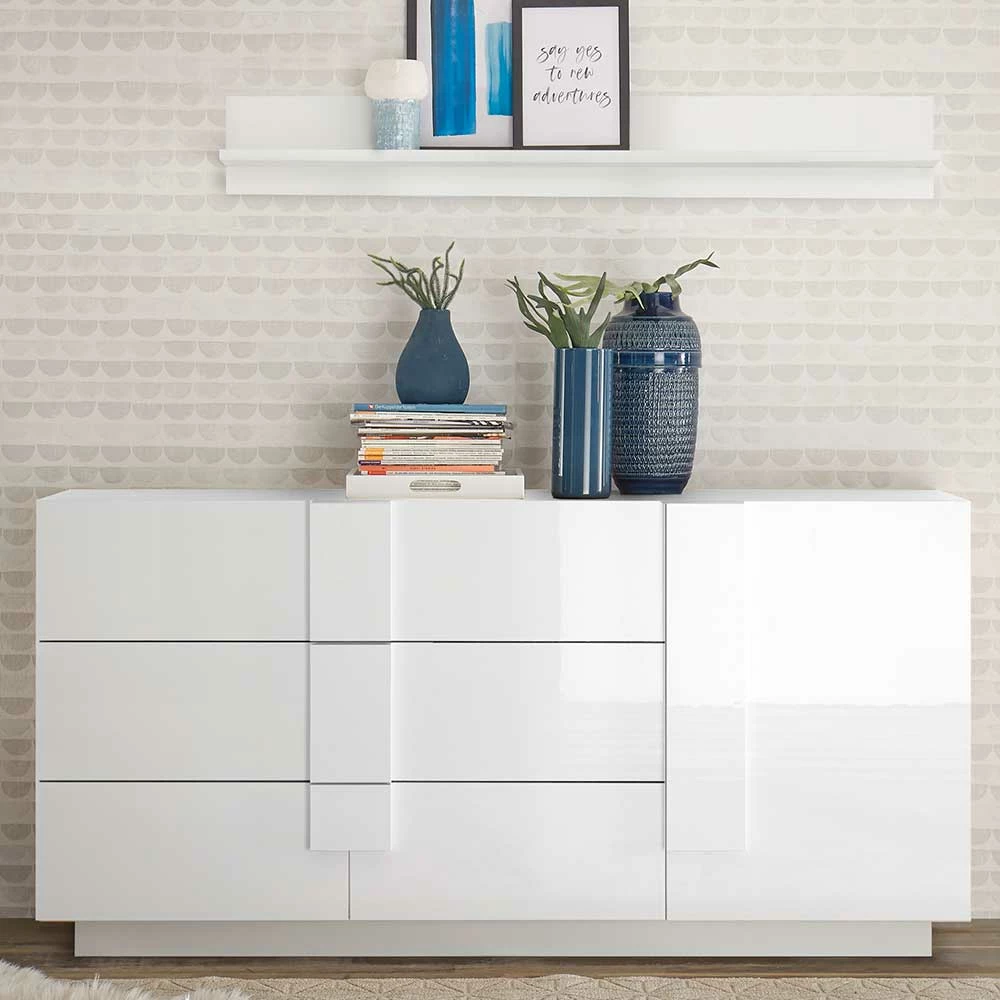 Weißes Hochglanz Sideboard mit Tür - Kerym Weißes Hochglanz Sideboard Mit Tür - Kerym -Landuva Shop weisses hochglanz sideboard mit tuer und sechs schubladen kerym 01