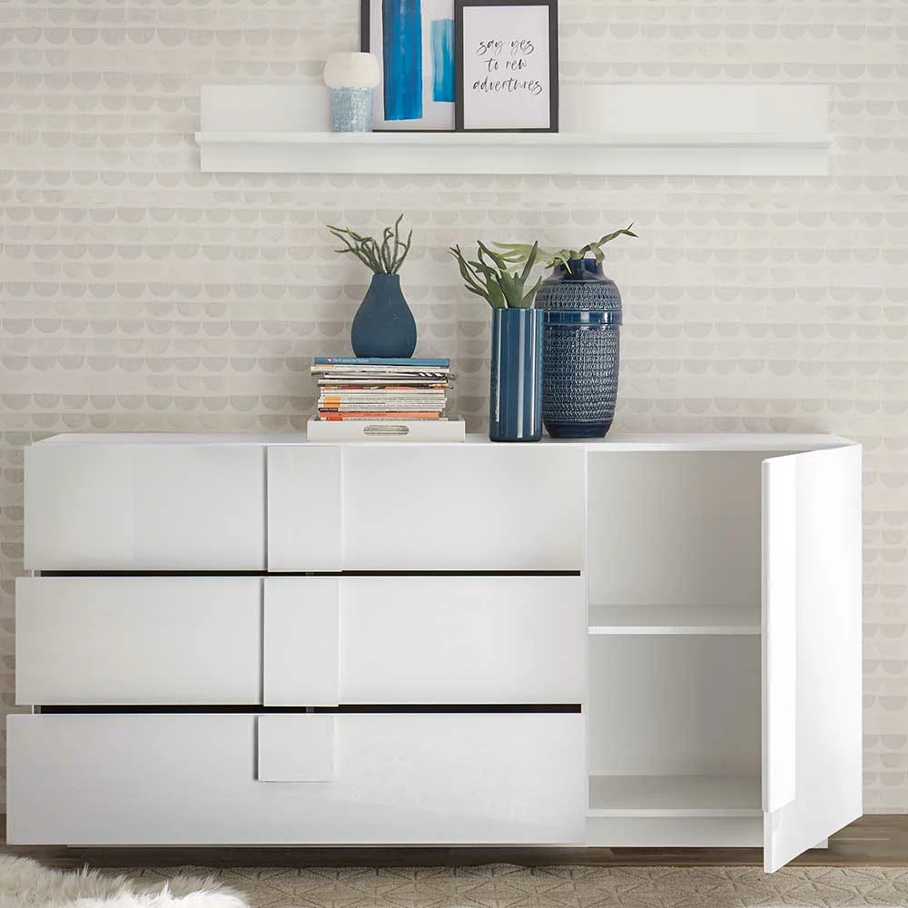 Weißes Hochglanz Sideboard mit Tür - Kerym Weißes Hochglanz Sideboard Mit Tür - Kerym -Landuva Shop weisses hochglanz sideboard mit tuer und sechs schubladen kerym 02